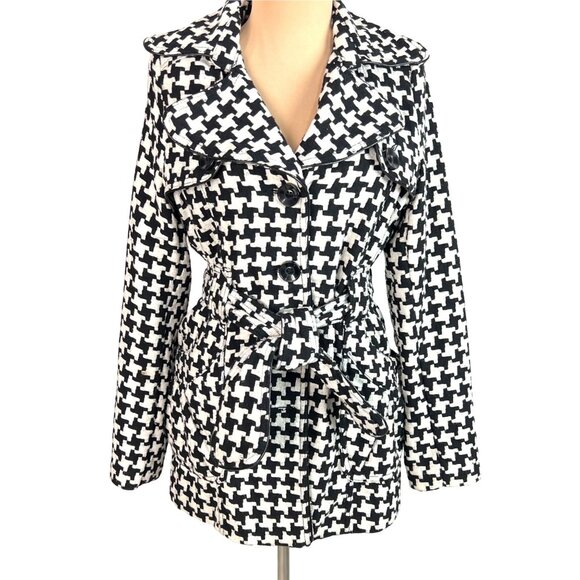 Me Jane Houndstooth Trench Coat Jacket Size S Wool Blend Black White - Picture 2 of 10